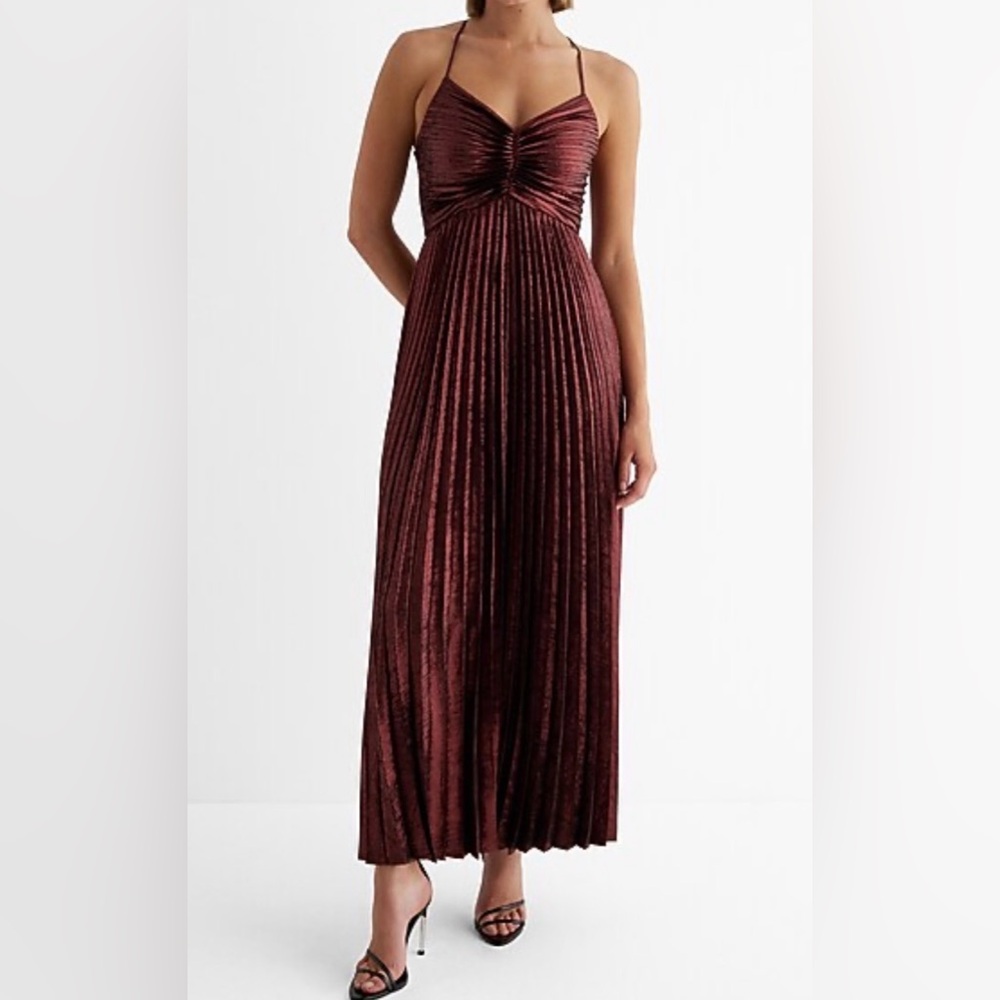 Express Metallic V-Neck Pleated Cross Back Maxi Dress in bronze size Small NWT